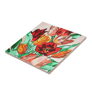 Azulejo De Cerâmica Linda Buquê Floral Tulipa Arte Preta