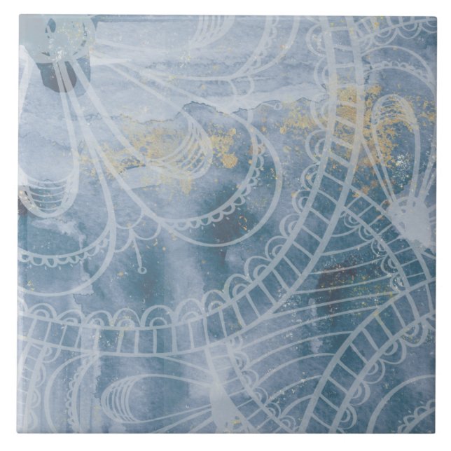 Azulejo De Cerâmica Linda cinza azul de aquarela e tinta artística (Frente)