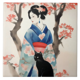 Azulejo De Cerâmica Linda garota japonesa com um gato preto