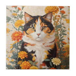 Azulejo De Cerâmica Linda Gato Calico Com Flores Marigold