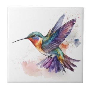Azulejo De Cerâmica Linda Impressão de Beija-flor em Aquarela Vibrante