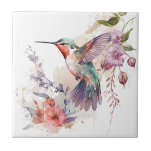 Azulejo De Cerâmica Linda Impressão de Beija-flor em Aquarela Vibrante