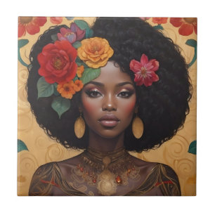 Azulejo De Cerâmica Linda Mulher Afro-Americana Com Flores
