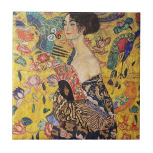 Azulejo De Cerâmica Linda mulher com fã por Klimt