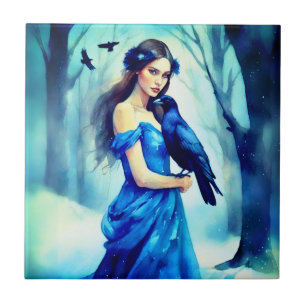 Azulejo De Cerâmica Linda mulher com um Raven, em uma Floresta Neve