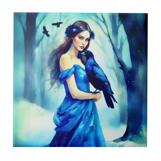 Azulejo De Cerâmica Linda mulher com um Raven, em uma Floresta Neve (Frente)