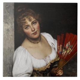 Azulejo De Cerâmica Linda mulher italiana com ventilador vermelho