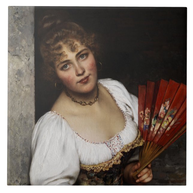 Azulejo De Cerâmica Linda mulher italiana com ventilador vermelho (Frente)