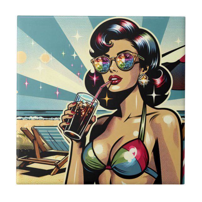 Azulejo De Cerâmica Linda Mulher Pinup com Cola na Praia (Frente)
