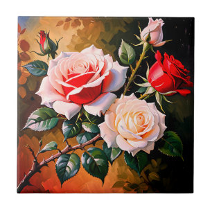 Azulejo De Cerâmica Linda pintura a óleo de rosas rosa branco vermelho