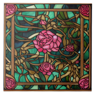 Azulejo De Cerâmica Linda Rosa Floral Estilo Vidro Colorido Intrincado