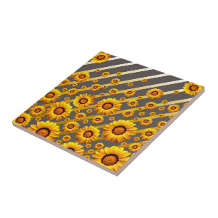 Azulejo De Cerâmica Lindas flores amarelas nas cinzas, listras de ouro