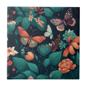 Azulejo De Cerâmica Lindas flores e borboletas na selva