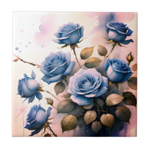 Azulejo De Cerâmica Lindas Rosas Azuis em pintura em aquarela rosa