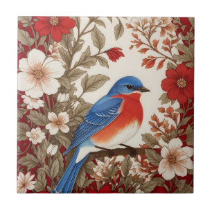 Azulejo De Cerâmica Lindo Azulão Oriental Floral Vermelho