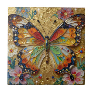 Azulejo De Cerâmica Lindo Borboleta e Flores em Impasto