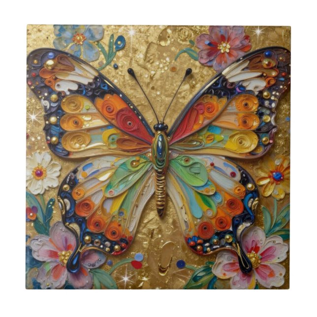 Azulejo De Cerâmica Lindo Borboleta e Flores em Impasto   (Frente)