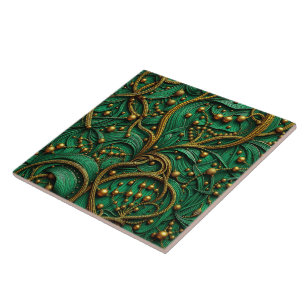 Azulejo De Cerâmica Lindo Floral Abstrato Verde e Dourado com Contas