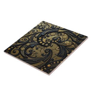Azulejo De Cerâmica Lindo Floral Preto e Dourado e Abstrato de Contas
