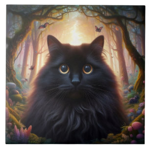 Azulejo De Cerâmica Lindo Gato Preto Fofo com Olhos Dourados