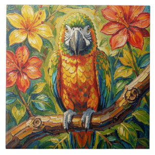 Azulejo De Cerâmica Lindo Papagaio de Impasto Colorido e Flor Tropical