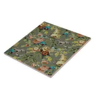Azulejo De Cerâmica Lindo pássaro exótico, pântano verde