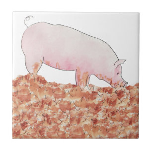 Azulejo De Cerâmica Lindo Porco Rosa na Lama Arte Animal Engraçada em