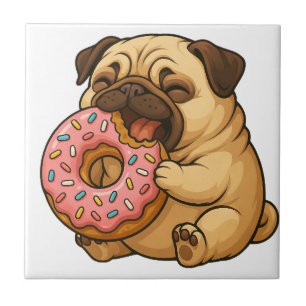Azulejo De Cerâmica Lindo pug donut desenho animado engraçado mastigan