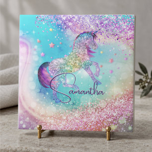 Azulejo De Cerâmica Lindo unicórnio rosa Glitter arco-íris aqua monogr