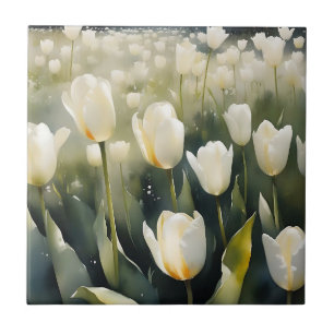 Azulejo De Cerâmica Lindos tulipas brancas jardim pintura aquarela