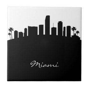 Azulejo De Cerâmica Linha do Skyline de Miami Preta e Branca