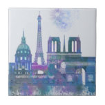 Azulejo De Cerâmica Linha do Skyline de Paris - Azul Aquarela<br><div class="desc">Paris Skyline Watercolor Splash Blue por Fab Funky. Possui marcas famosas de Paris em estilo aquarela.</div>