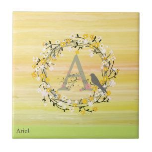 Azulejo De Cerâmica Linhas da escova da aguarela, monograma da