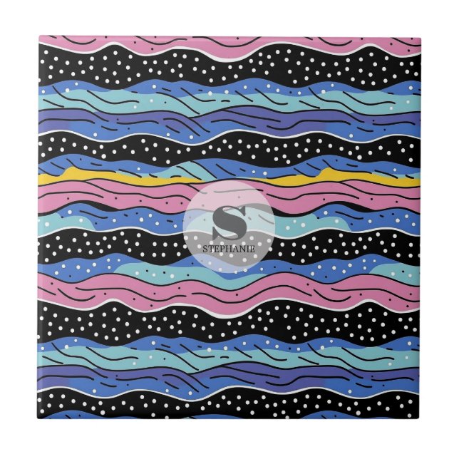 Azulejo De Cerâmica Linhas de onda de Abstrato vibrantes com Bolinhas (Frente)