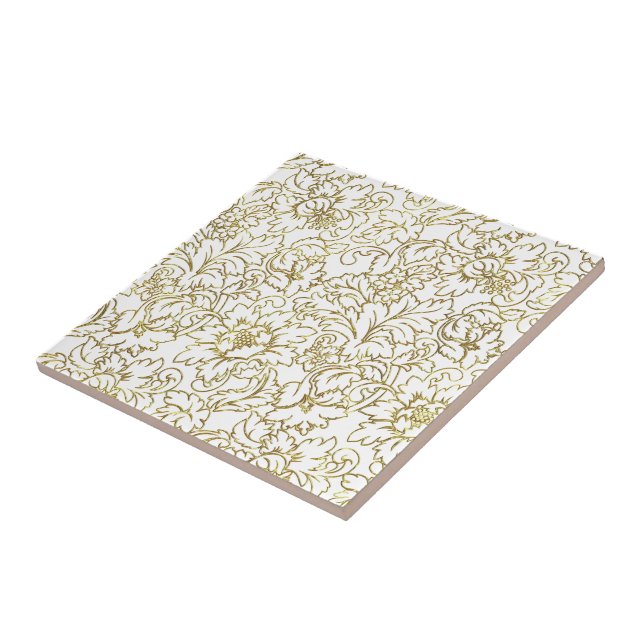 Azulejo De Cerâmica Linhas Desenho Dourado Damascos Florais Branco Fun (Lateral)