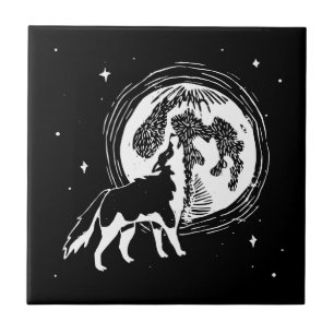 Azulejo De Cerâmica Linocut da lua do Rouco preto e branco