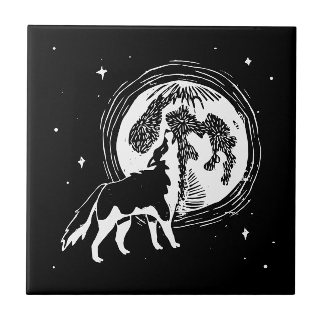 Azulejo De Cerâmica Linocut da lua do Rouco preto e branco (Frente)