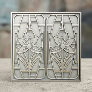 Azulejo De Cerâmica Lírio Floral Art Déco Estilizado #10 Prata ID1196
