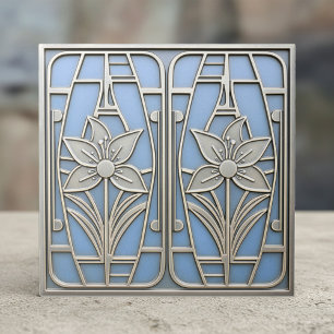Azulejo De Cerâmica Lírio Floral Estilizado Art Deco #10 Azul ID1196