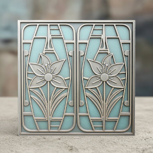 Azulejo De Cerâmica Lírio Floral Estilizado Art Deco #10 Turquesa ID11