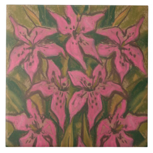 Azulejo De Cerâmica Lírios cor-de-rosa, pintura pastel, flores, arte 