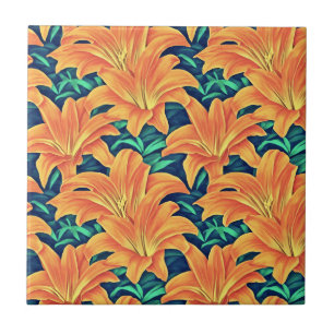 Azulejo De Cerâmica Lírios do Dia Laranja com Folhas Verdes