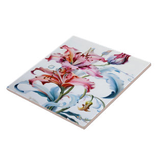 Azulejo De Cerâmica Lírios Vibrantes em Sangue Contra Fundo Branco