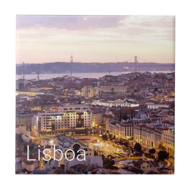 Azulejo De Cerâmica Lisboa Portugal Sunset Skyline Cityscape Souvenir (Frente)