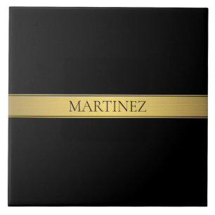 Azulejo De Cerâmica Listra de Faux Dourado e Fundo Preto Elegantes ou