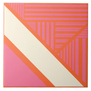Azulejo De Cerâmica Listras de Triângulo em Rosa, Laranja e Creme