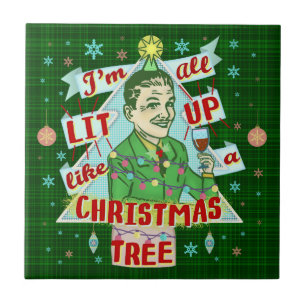 Azulejo De Cerâmica Lit retro do homem do humor do bebendo do Natal