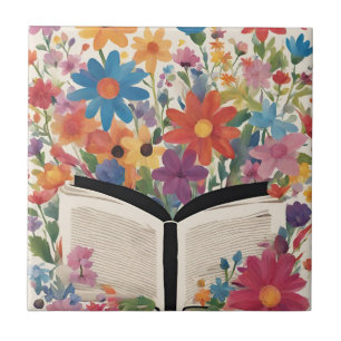 Azulejo De Cerâmica Livro Aberto com Flores de Aquarela