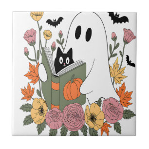 Azulejo De Cerâmica Livro de Leitura do Fantasma do Halloween Gato