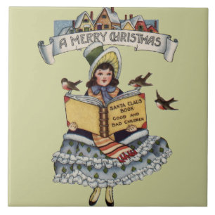 Azulejo De Cerâmica Livro Menina Antiga e Papai Noel do Natal